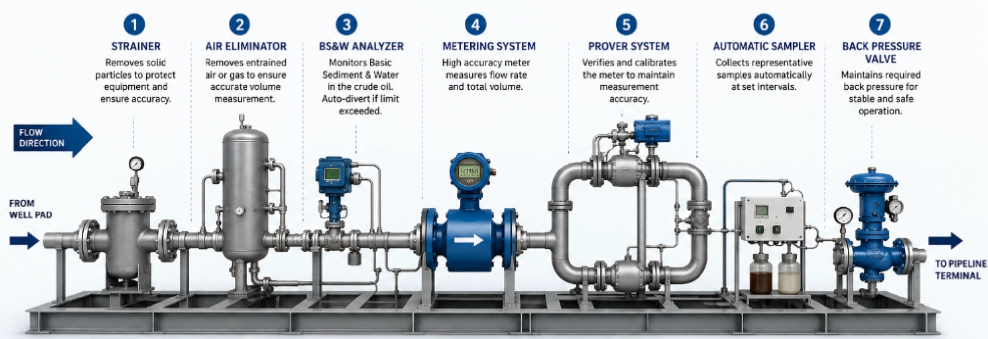 LACT skid process flow — strainer, air eliminator, BS&W analyzer, metering system, prover, automatic sampler and back pressure valve